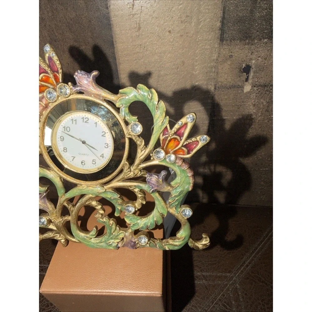 Vintage Jeweled Enamel Dragonfly Desk Clock Gold Tone Floral Tested New Battery